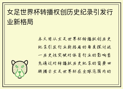 女足世界杯转播权创历史纪录引发行业新格局